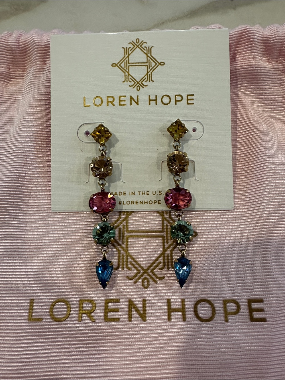 Loren Hope Pink, Blue, Green and Champagne Crystal Drop Linear Earrings
